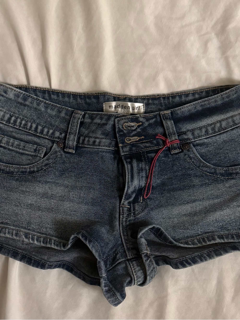 Madden Girl Dark Blue Denim Ankle Shorts with Red Tie